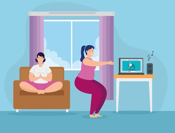 Ženy praktikující jógu on-line v obývacím pokoji — Stockový vektor