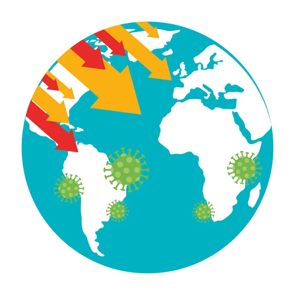 Planet jord med covid19 partiklar och statistik pilar — Stock vektor