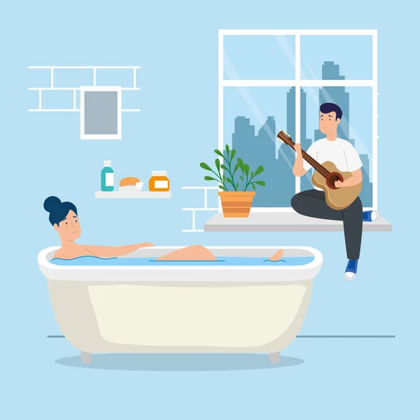Joven pareja estancia en casa en bañera — Vector de stock
