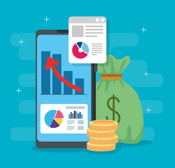 Infografic de recuperare financiară în smartphone și icoane — Vector de stoc