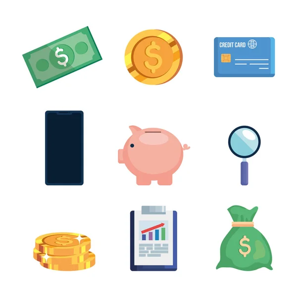 Set of piggy bank saving with finance icons — Stock Vector