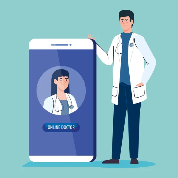 Artsen en smartphone met app van de geneeskunde online — Stockvector