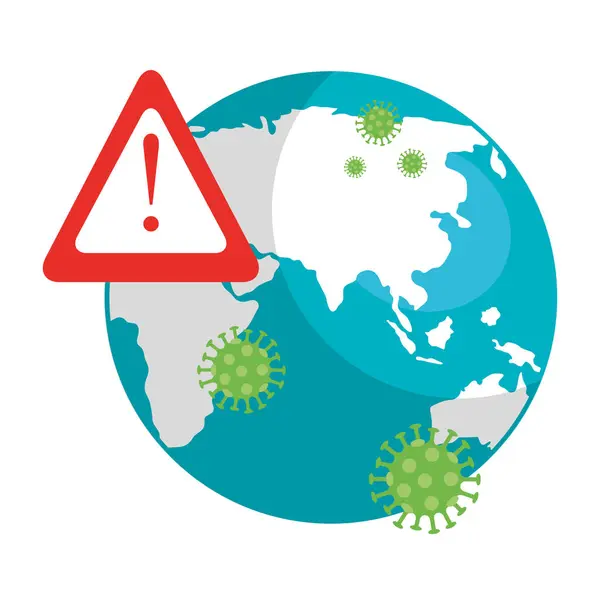 Planeta tierra con covid19 partículas y símbolo de alerta — Vector de stock