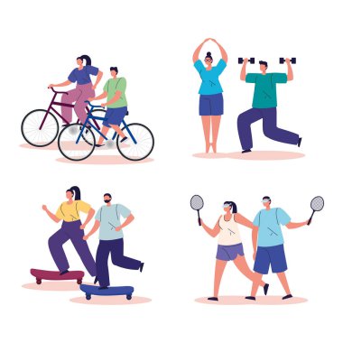 group people practicing exercise avatar characters