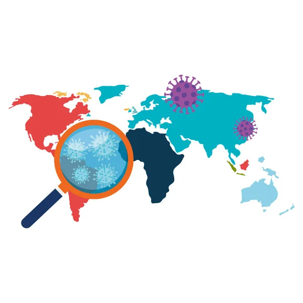Mapa terra com partículas covid19 e lupa —  Vetores de Stock