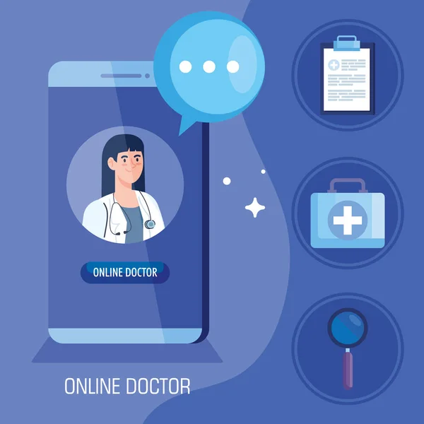 Doctor mujer en smartphone con app de medicina online e iconos — Vector de stock