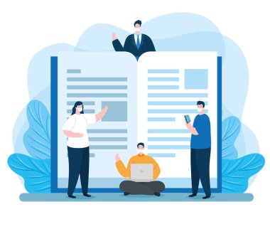 Eğitimdeki grup insanları dizüstü bilgisayar ve kitapla çevrimiçi olarak