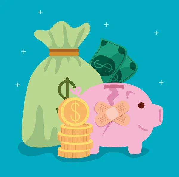 Piggy bank gebroken met genezing bands en zakelijke iconen — Stockvector