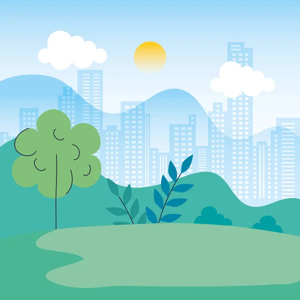 Paisaje natural con escenario urbano — Vector de stock