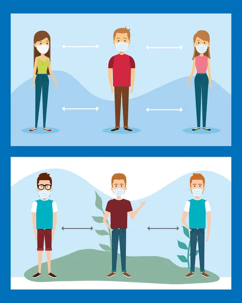 Personas que utilizan máscaras faciales con distanciamiento social para covid19 — Archivo Imágenes Vectoriales