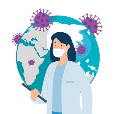 Dünya gezegeni, kovid19 parçacık ve kadın doktor.