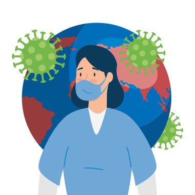 Dünya gezegeni, kovid19 parçacık ve kadın doktor.