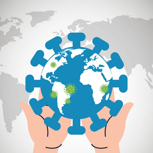 Mains soulevant la planète Terre avec des particules covid19 — Image vectorielle
