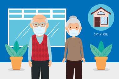 Yaşlı çift covid19 salgını için yüz maskesi kullanıyor.