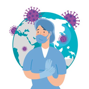 Dünya gezegeni, kovid19 parçacık ve kadın doktor.