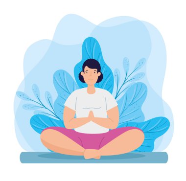 Yaprak süsleme ile yoga yapan genç bir kadın.