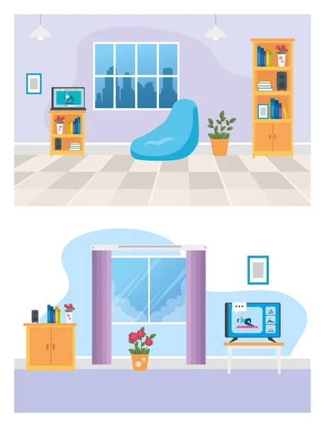Set cenas de sala de estar com móveis e decoração — Vetor de Stock