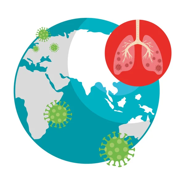 Covid19 parçacık ve akciğerli dünya gezegeni. — Stok Vektör