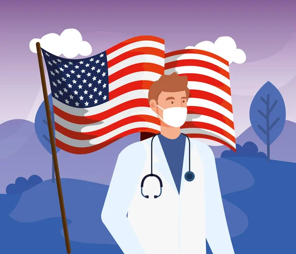 Arts met Amerikaanse vlag covid19 pandemie — Stockvector