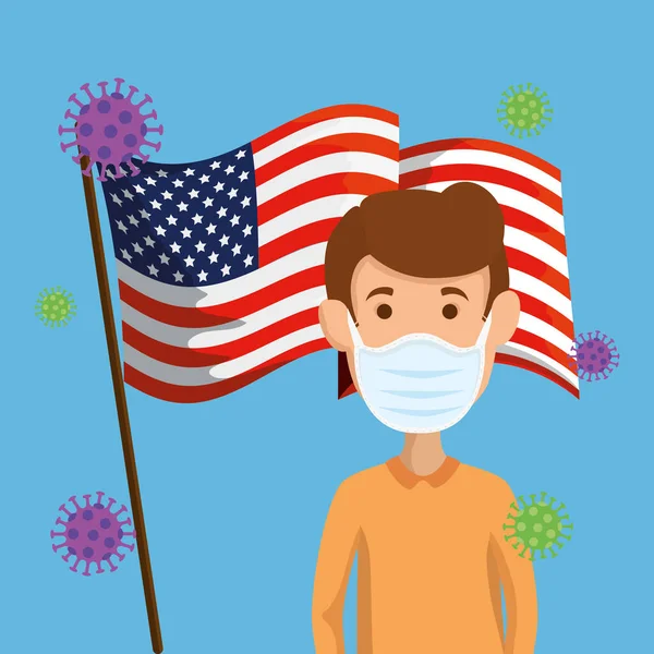 Uomo con maschera facciale e bandiera USA covid19 pandemia — Vettoriale Stock