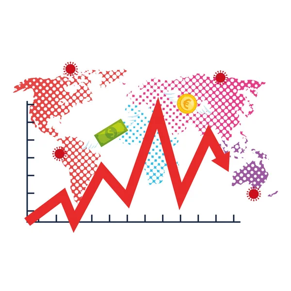 Mapa de la tierra de covid19 con flecha estadística y dinero — Vector de stock
