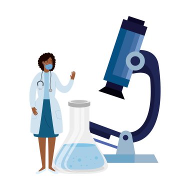 Tıbbi simgelerle yüz maskesi kullanan doktor kadın afro.