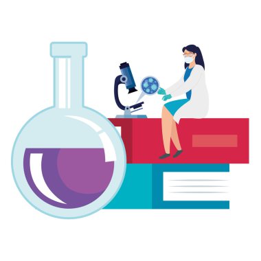 Doktor kadın parçacıklar covid 19 ve tıbbi simgeler