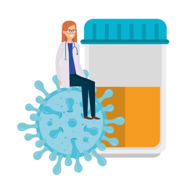 Parçacık covid 19 ve şişe testi olan doktor kadın.