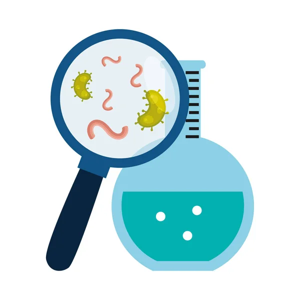 Lupa con partículas covid 19 y prueba de tubo — Vector de stock