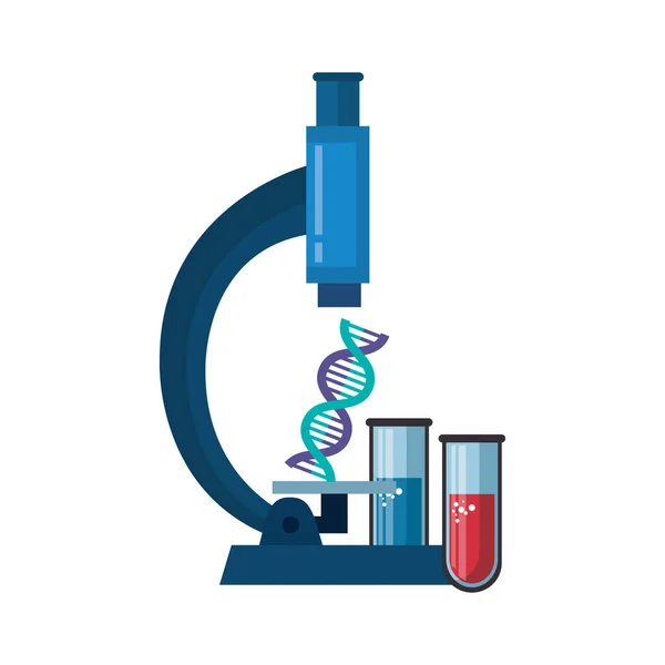 Laboratório de microscópio com teste de dna e tubos — Vetor de Stock