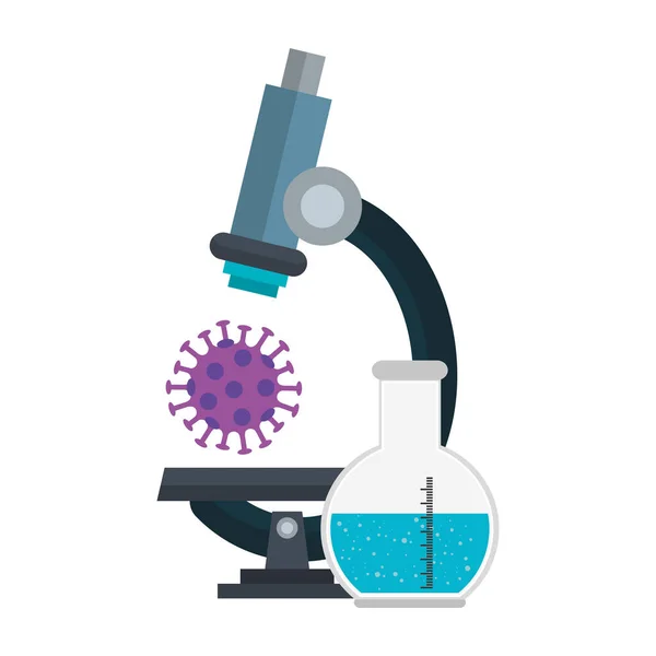 Μικροσκόπιο με σωματίδιο covid 19 και δοκιμαστικό σωλήνα — Διανυσματικό Αρχείο