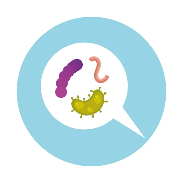 Speech bubble with particles covid 19 and microorganisms — Stock Vector