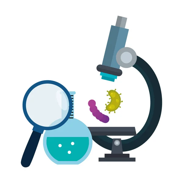 Microscope with particles of covid 19 and medical icons — Stock Vector