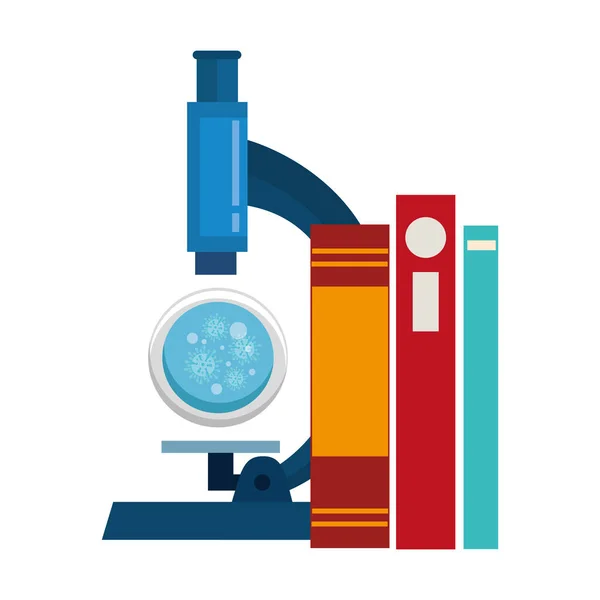 Microscope avec particules covid 19 et livres — Image vectorielle