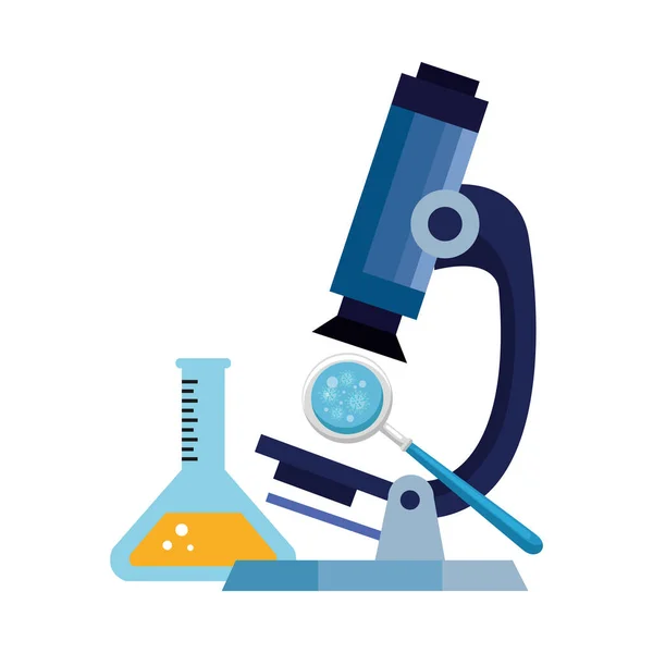 Microscópio com partículas covid 19 e ícones médicos — Vetor de Stock