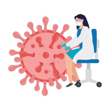 Parçacık covid 19 izole ikonu olan doktor kadın.