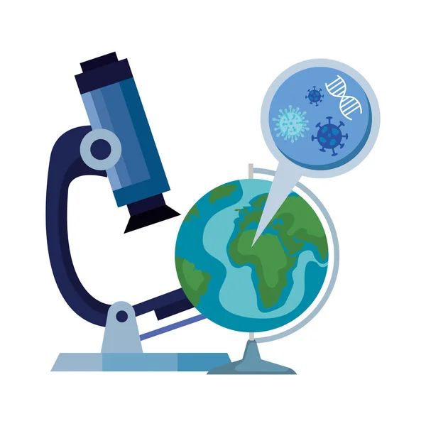 Microscopio con pianeta mondiale e microrganismi — Vettoriale Stock