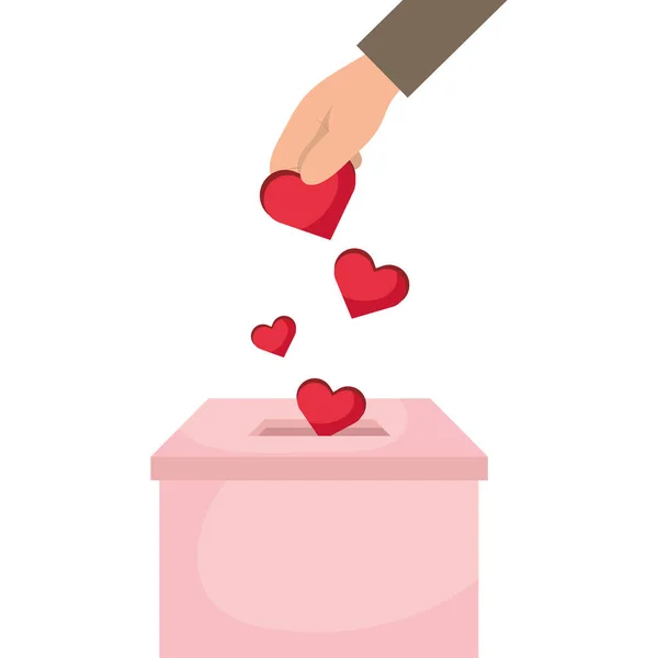 Charity donation box with hand insert hearts — Stock Vector