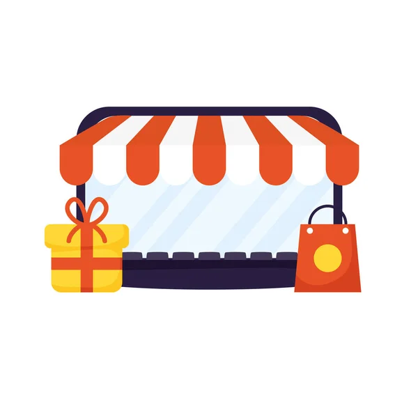 Ordinateur portable avec magasin de parasol et cadeau — Image vectorielle