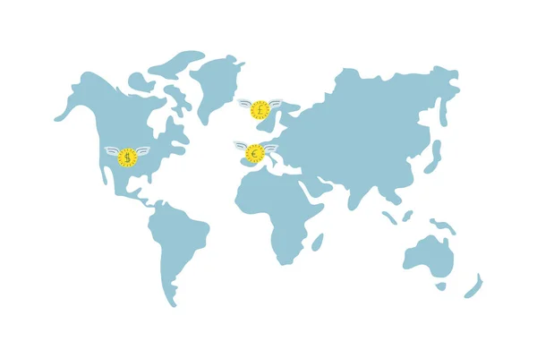 Світова планета карта Землі з монетами, що літають — стоковий вектор