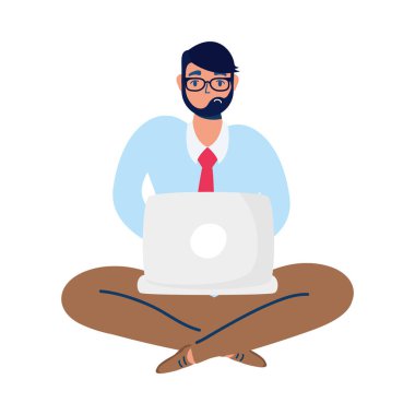 Nilüfer pozisyonunda dizüstü bilgisayar kullanan zarif bir iş adamı.