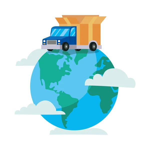 Layanan pengiriman truk dengan planet bumi - Stok Vektor