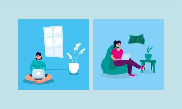 Жінки, які використовують ноутбук у дивані, залишаються вдома кампанії — стоковий вектор