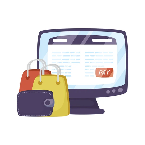 Skrivbord med shoppingväskor e-handel teknik — Stock vektor