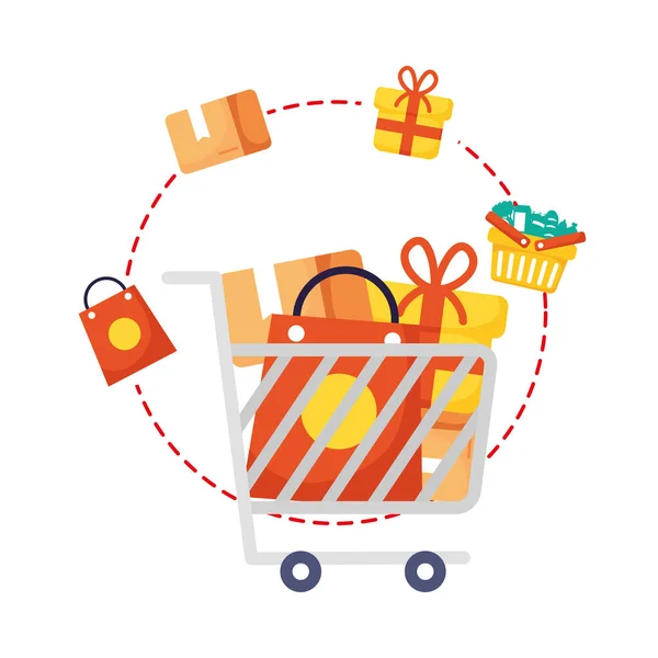 Carrito de compras con iconos de marketing conjunto — Archivo Imágenes Vectoriales