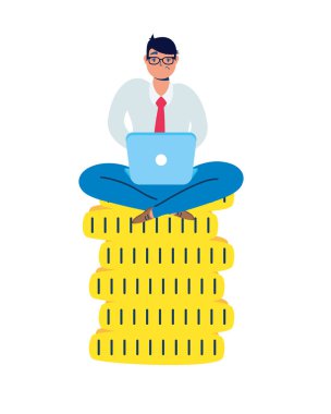 Nilüfer madeni paralarla dizüstü bilgisayarda çalışan zarif bir iş adamı.