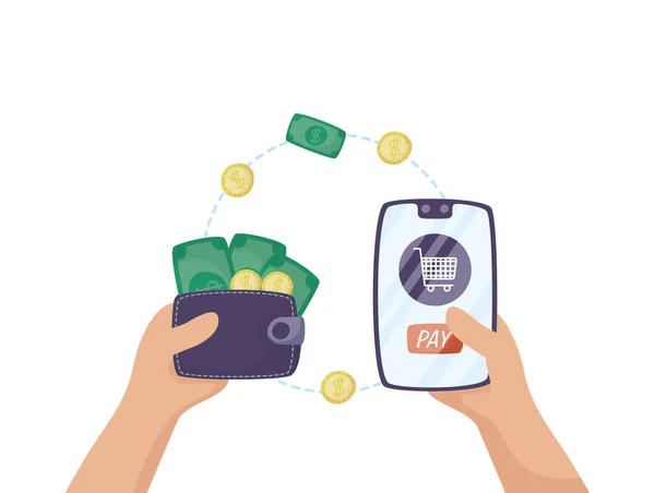 Smartphone with shopping cart and wallet money — Stock Vector