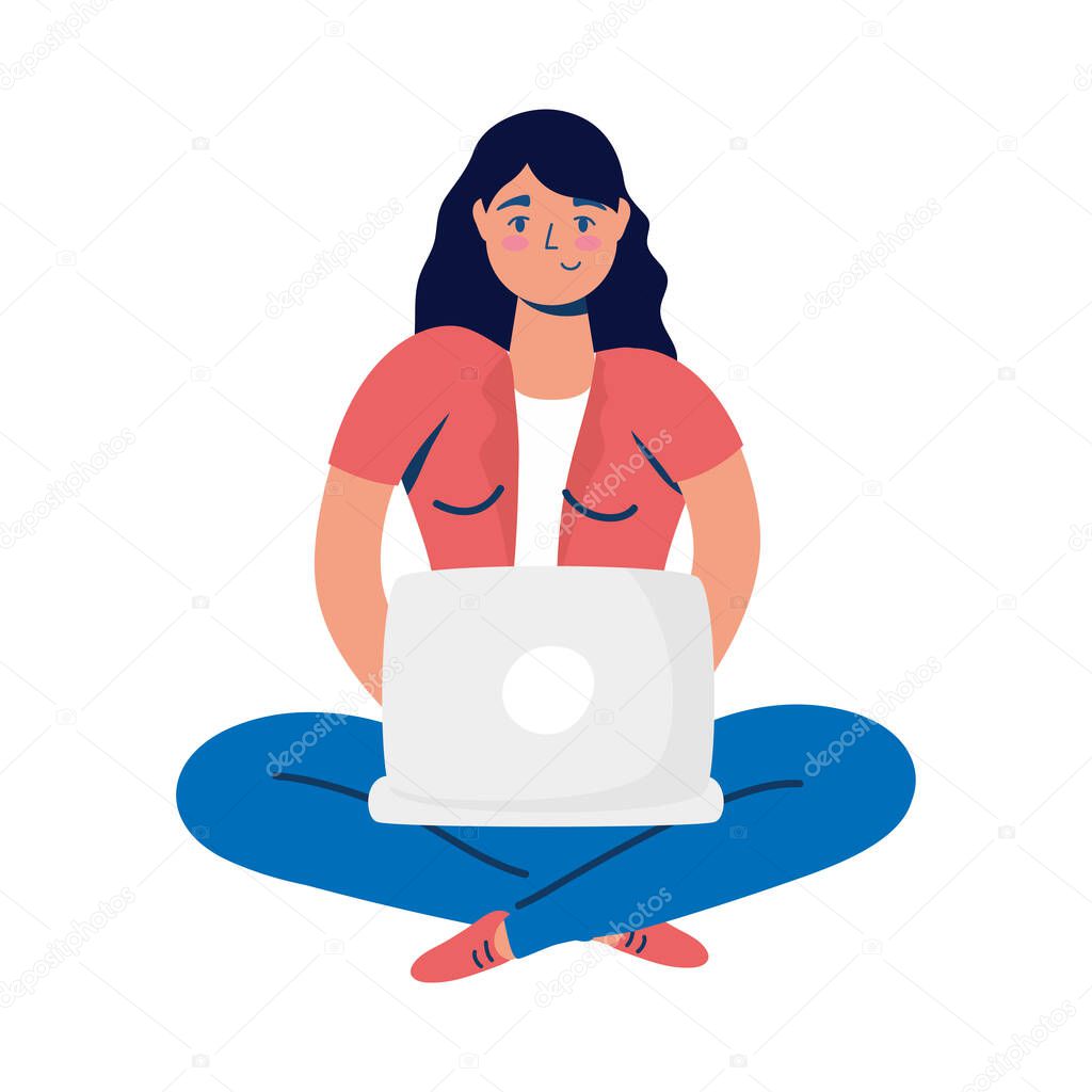elegant business woman working in laptop lotus position