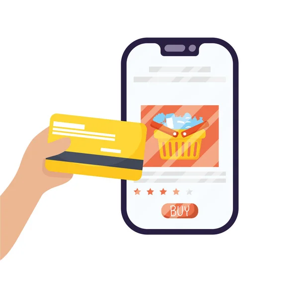 Smartphone con cesta de la compra y tarjeta de crédito — Vector de stock