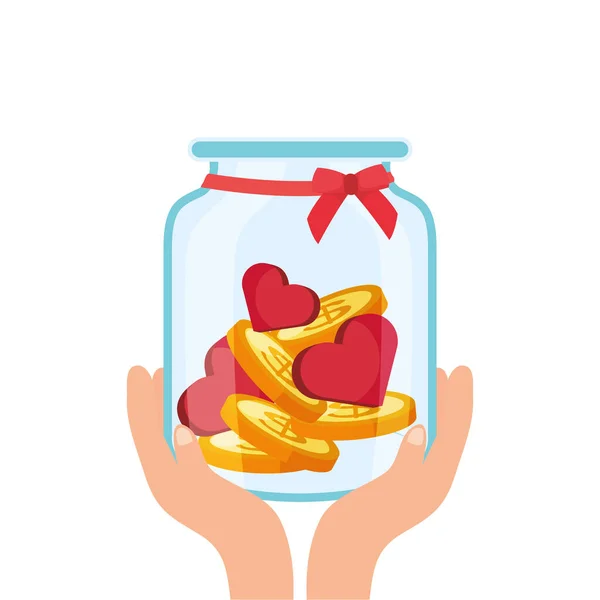 Frasco de donación de caridad con corazones y monedas — Vector de stock